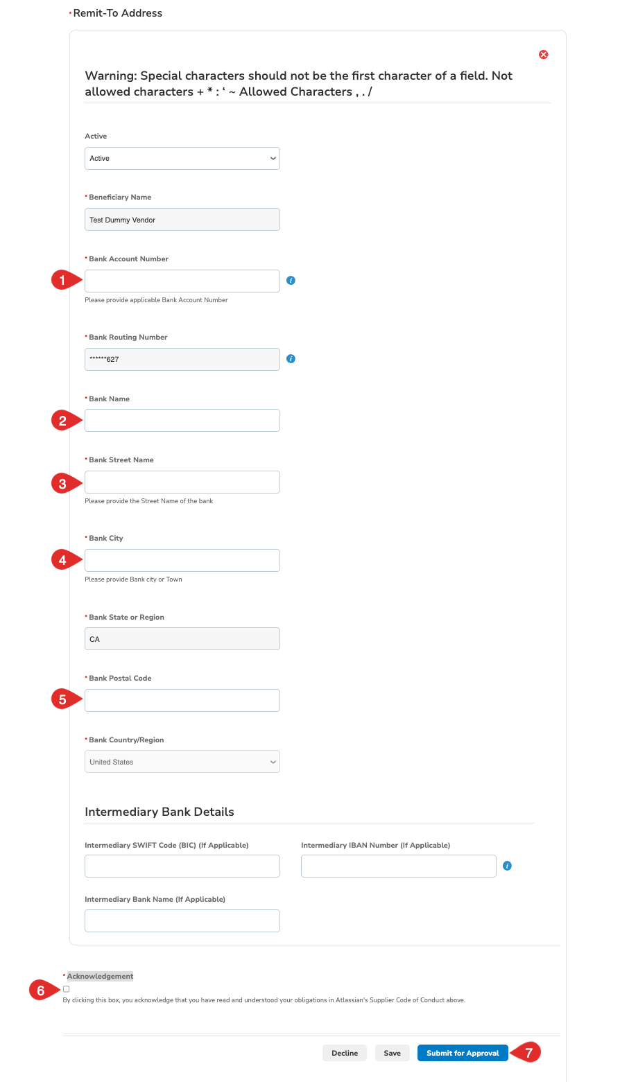 Coupa Supplier Portal Remit-To Address form Withdraw button
