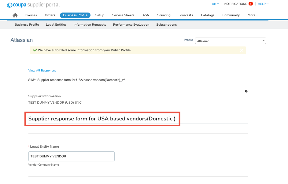 Supplier response form for USA based vendors