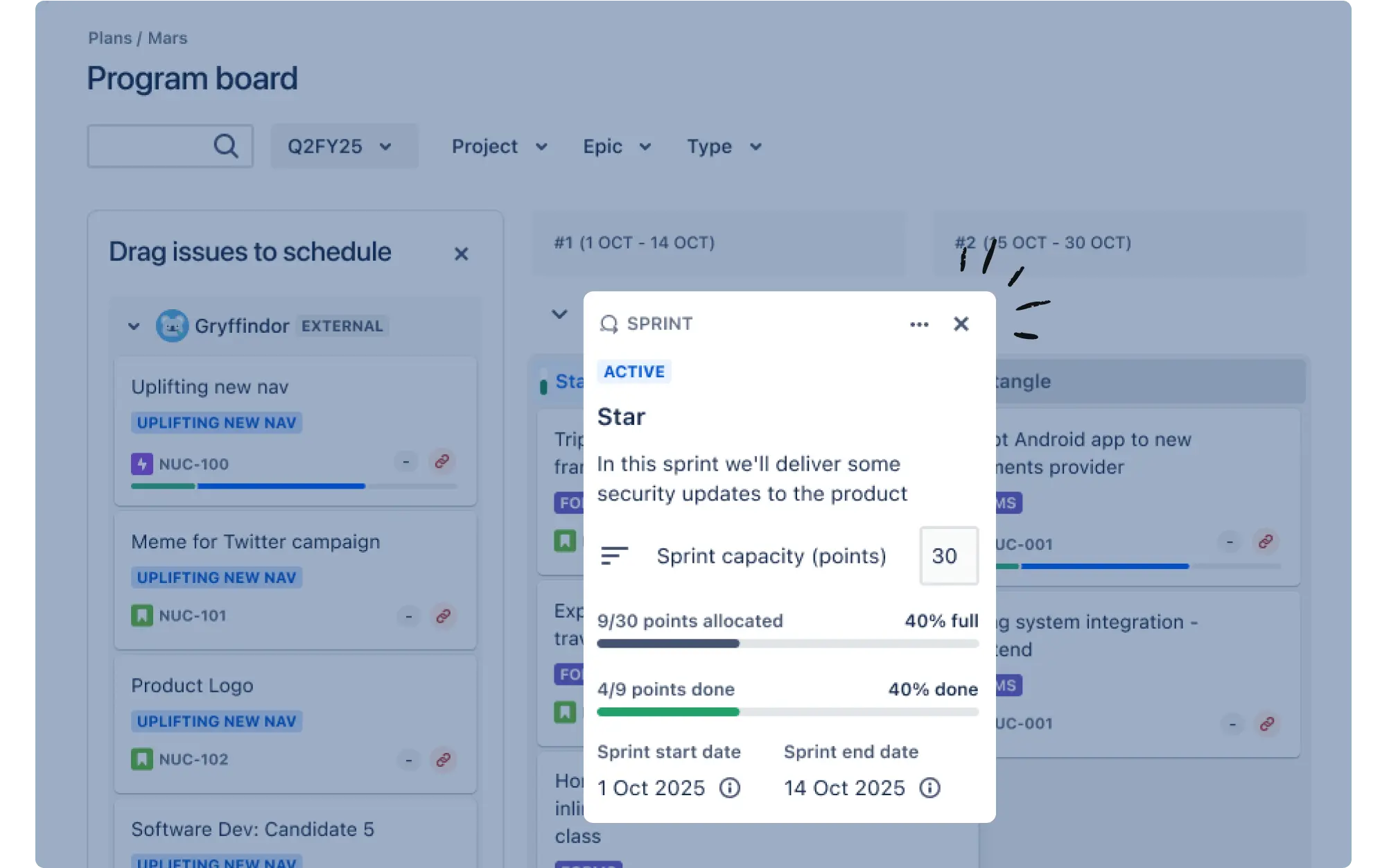 Product screenshot of Jira’s AI feature of translating natural language text into an automation rule. Prompt in screenshot reads: “When a ‘webinar’ issue is created in the Marketing Launch project, automatically create a design ticket and a landing page ticket. Then link them altogether.”