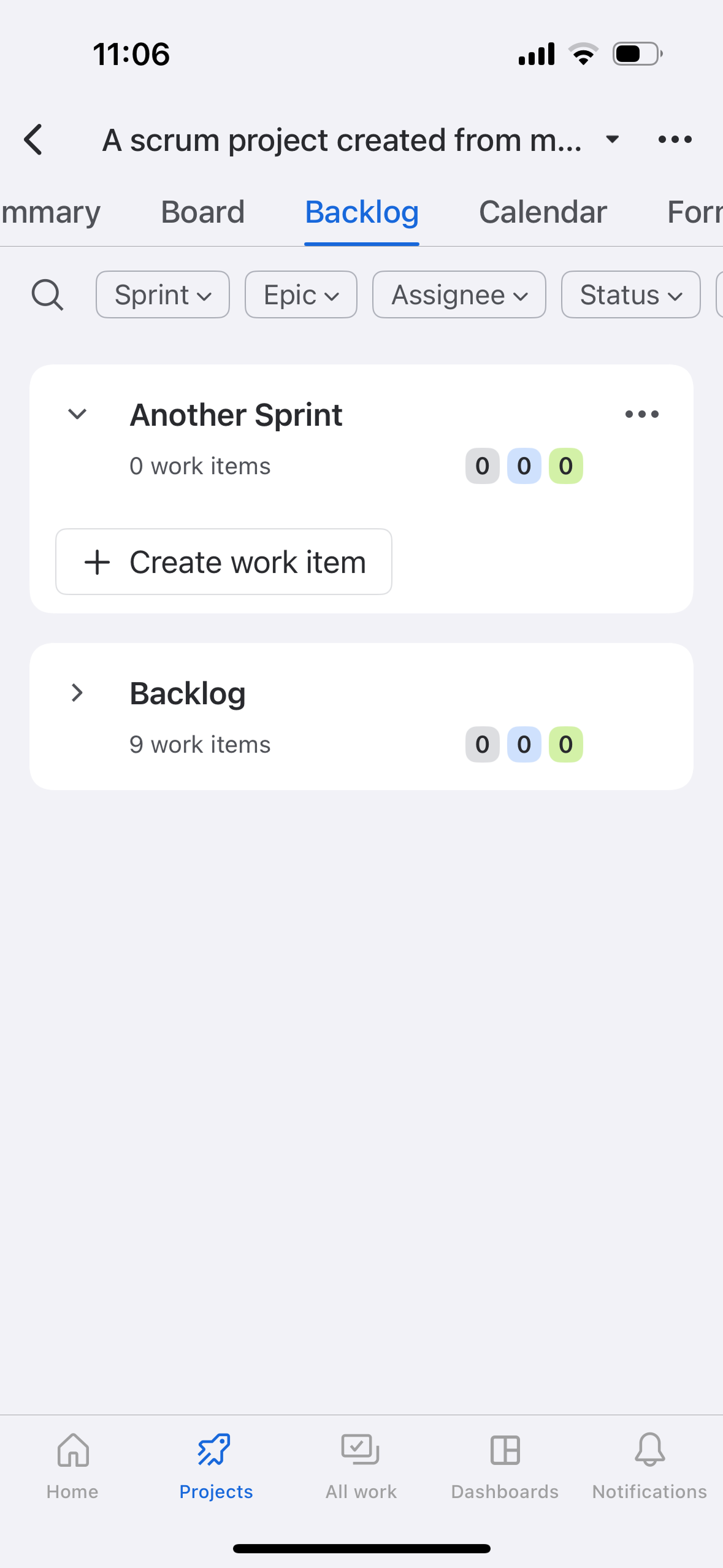 Botões “Criar item” no backlog do Scrum (exemplo mostrado no Android)